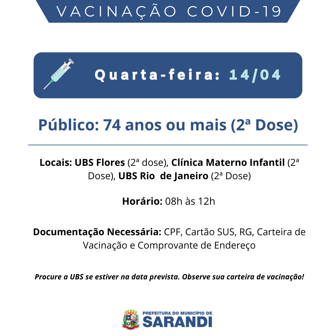 Cronograma de Vacinação contra Covid-19 - Quarta-feira - 14/04/2021